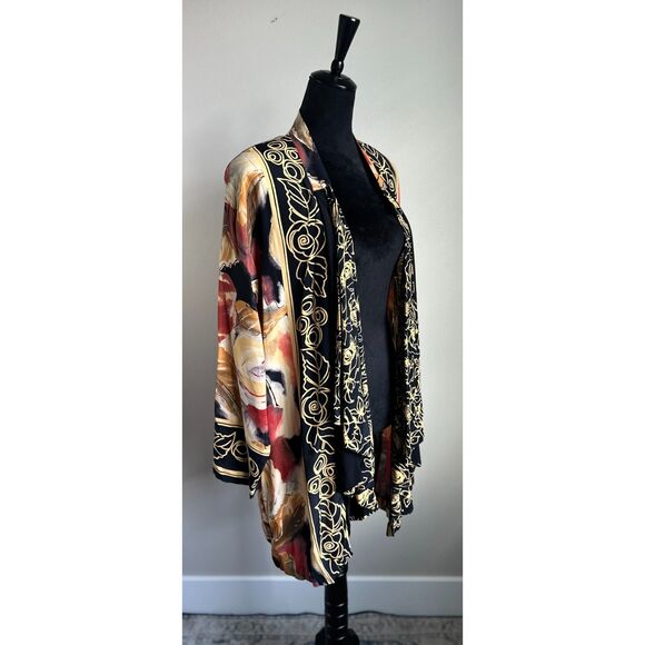 NWT A.K.F. Women's Cut Butter Yellow Rust Abstract Botanical Print Kimono Size M - Picture 4 of 10